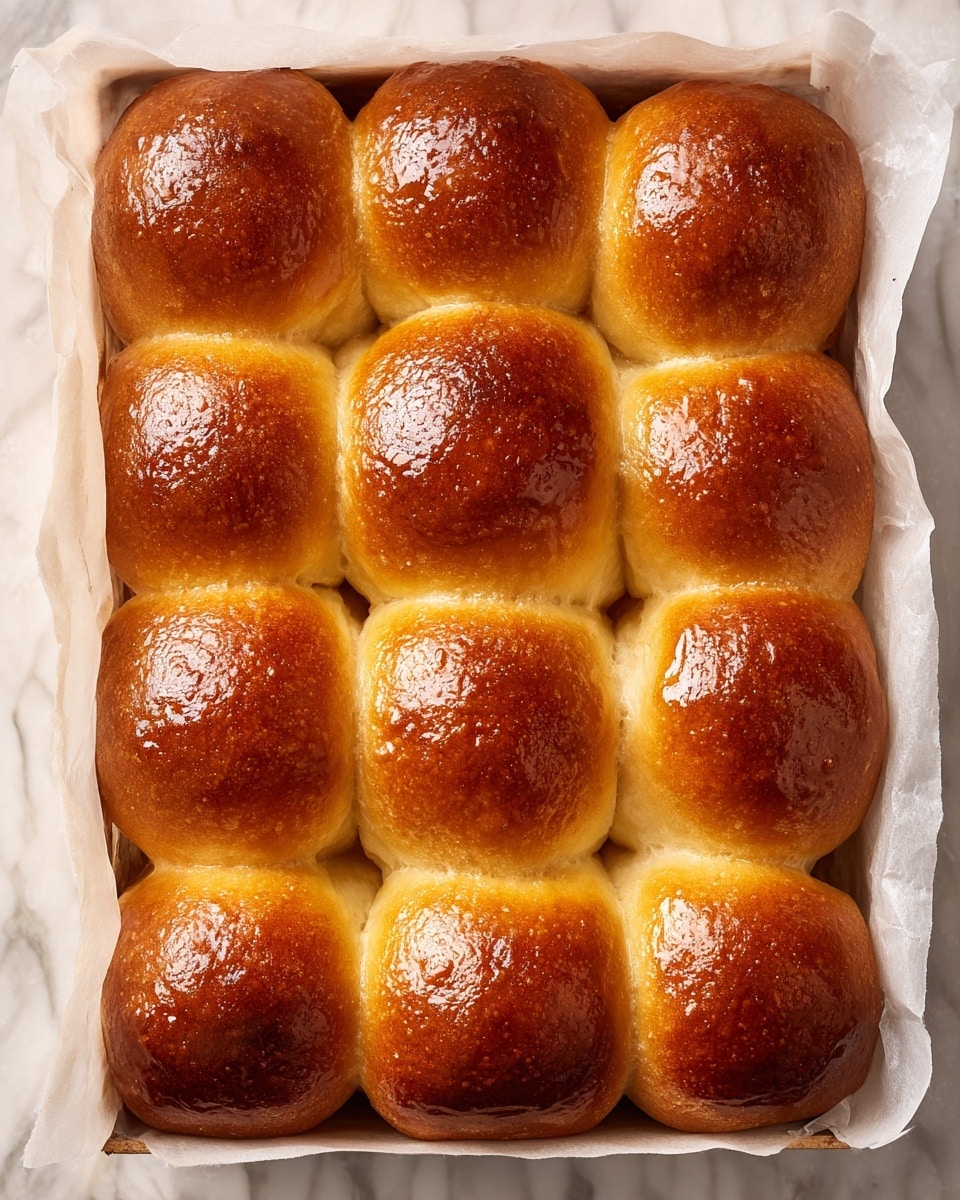 A flat tray covered with white parchment paper holds fifteen golden-brown dinner rolls arranged in a 3 by 5 grid. Each roll has a shiny, smooth top crust that glistens under light, showing a rich, warm amber color with slight variations of darker and lighter patches. The rolls are touching each other closely, with soft rounded edges and a fluffy texture visible at the sides where they meet. The surface beneath the tray is a white marbled texture, giving a clean and simple background that highlights the warm tones of the bread. photo taken with an iphone --ar 4:5 --v 7