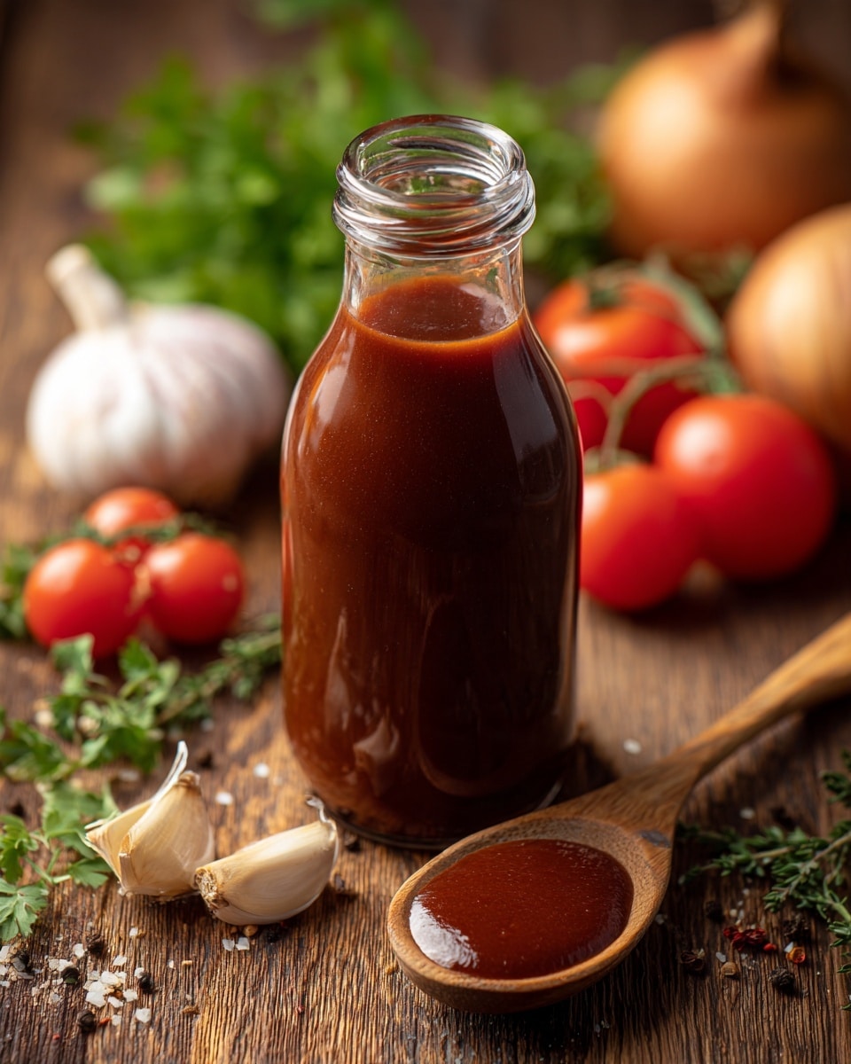 A clear glass bottle filled with a thick dark reddish-brown sauce sits on a wooden surface, surrounded by fresh garlic cloves, sprigs of green herbs, ripe red tomatoes, and golden brown onions blurred softly in the background; a wooden spoon with a dollop of the same sauce rests on the right side of the bottle, showcasing its smooth texture. Photo taken with an iphone --ar 4:5 --v 7