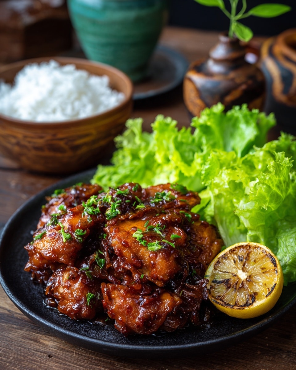 A black plate holds a serving of glossy, richly colored reddish-brown sauced chicken pieces with visible texture, topped with small green herb bits. To the right of the chicken is a fresh, bright green lettuce bunch, and a lemon wedge with light yellow and charred details sits to the left. The plate is set on a dark wooden surface, with blurred background elements including a brown bowl filled with white rice and a green vase with a single green leaf. Photo taken with an iphone --ar 4:5 --v 7