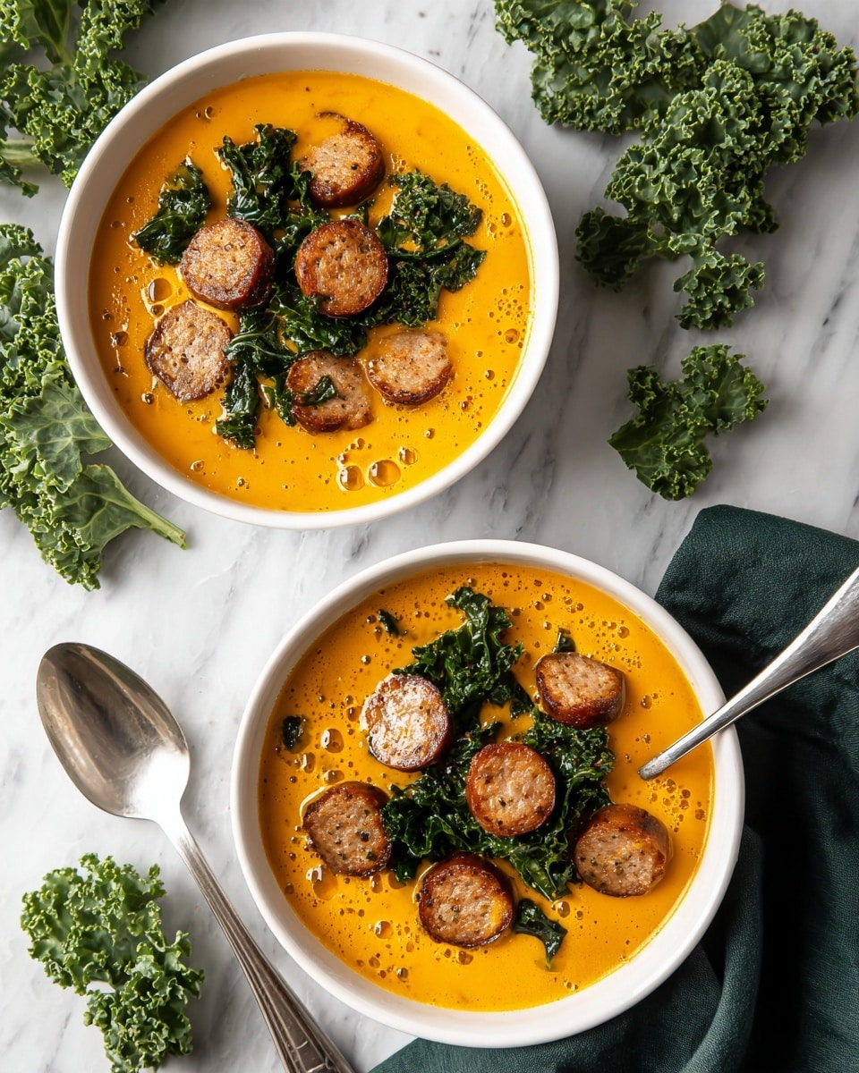 Two white bowls are filled with orange soup that has a smooth texture with visible small bubbles. Each bowl contains several brown sausage slices and bright green leafy kale pieces floating on the surface. The bowls are placed on a white marbled surface with a leafy bunch of kale to the side and dark green cloth napkins nearby. Metal spoons rest inside each bowl. The overall look is warm and hearty, with contrasting colors of orange, green, and brown. photo taken with an iphone --ar 4:5 --v 7