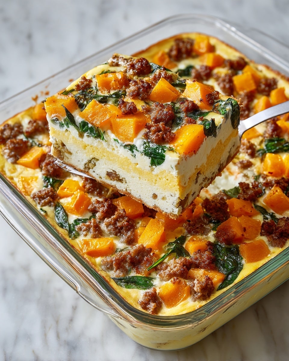 A clear square glass baking dish holds a baked casserole with three visible layers: at the bottom, a light brown crust layer; the middle layer is creamy yellow with fluffy texture; the top layer is filled with bright orange cubes of cooked squash, green spinach leaves, and browned ground sausage pieces evenly spread across the surface. A metal spatula lifts one square piece from the dish, showing the layers clearly and the moist crumb of the casserole, all placed on a white marbled textured surface. Photo taken with an iphone --ar 4:5 --v 7
