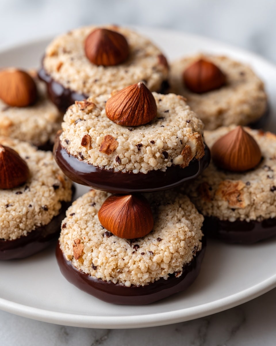 The image shows several round cookies with a light gray, speckled texture, indicating finely ground nuts in the dough. Each cookie has a smooth band of glossy dark brown chocolate around the bottom edge. On the top center of each cookie sits a whole, roasted hazelnut with a rich brown color and natural wrinkled texture. The cookies are stacked closely together on a surface with a soft warmth in the background, while the main focus is on the front cookies, showing their detailed texture and chocolate coating. photo taken with an iphone --ar 4:5 --v 7