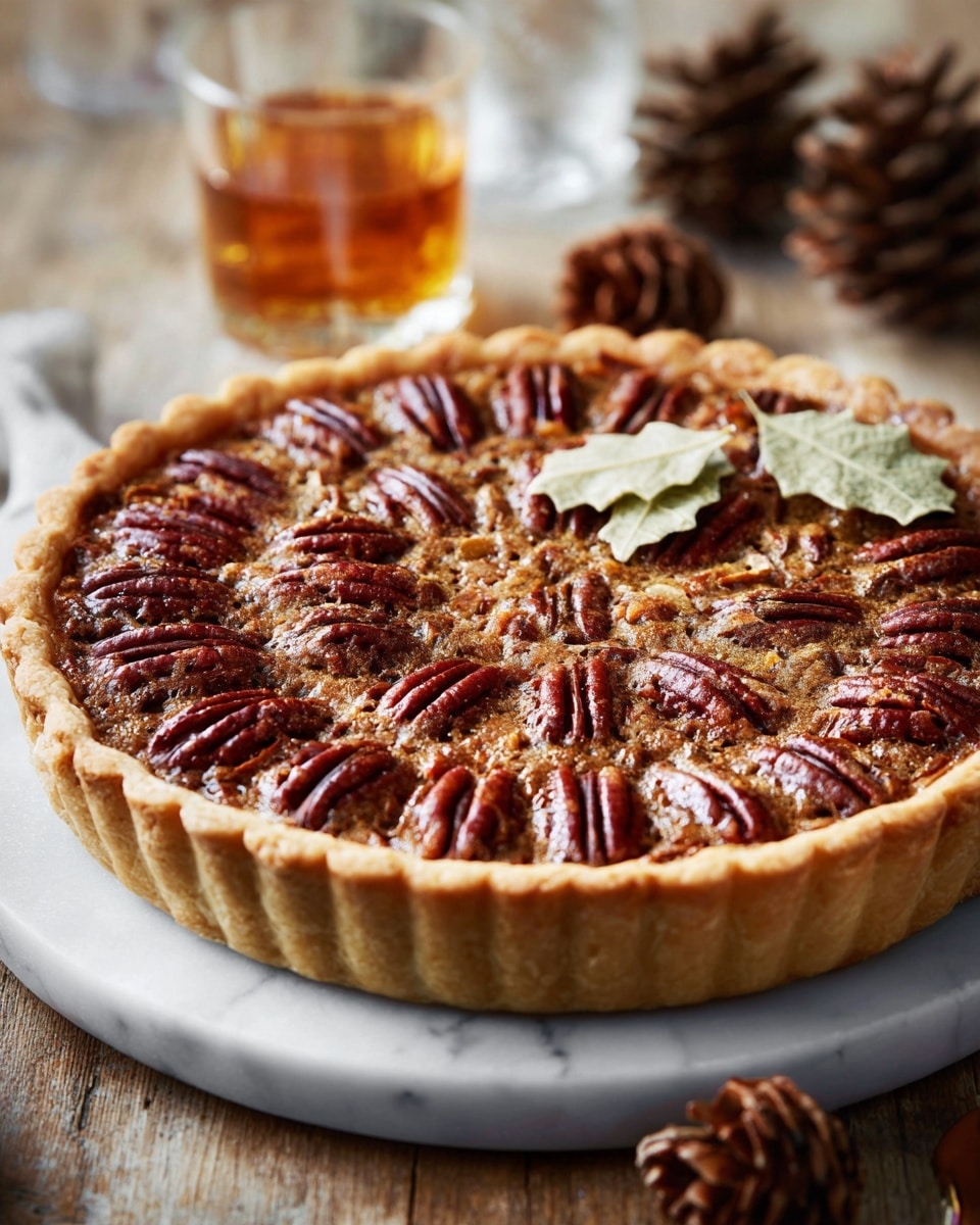A pecan pie is shown in a white pie dish with a thick, golden-brown crust that has a wavy edge. Inside the pie, a single layer of glossy pecans is arranged in a circular pattern on a light brown filling with a slightly cracked surface. On top of the pie and around the edge are several small, shiny, golden-baked leaf-shaped pastry cutouts. The pie is placed on a dark wooden surface next to a white marbled cloth, pine cones, and a glass filled with an amber-colored drink on a white marbled texture. photo taken with an iphone --ar 4:5 --v 7