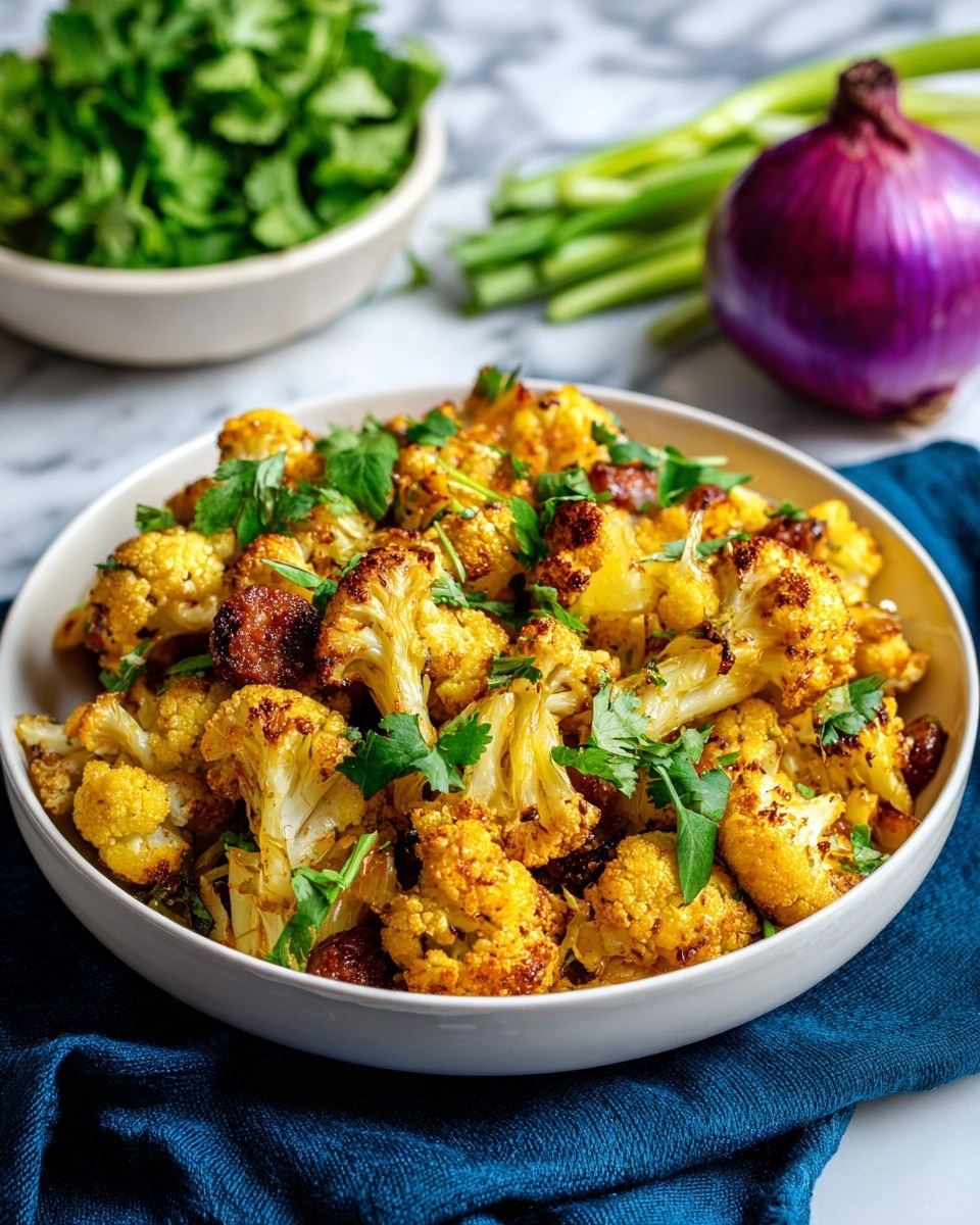 The image shows a white plate filled with cooked cauliflower pieces mixed with small chunks of reddish sausage, garnished with fresh green cilantro leaves on top. The cauliflower is golden yellow with some brown edges, suggesting it is roasted or fried, and the sausage pieces have a smooth texture and a rich reddish color. The plate sits on a dark blue cloth on a white marbled surface. In the background, there is a white bowl holding green vegetables and a whole purple onion. A silver spoon is placed to the right side of the plate. Photo taken with an iphone --ar 4:5 --v 7