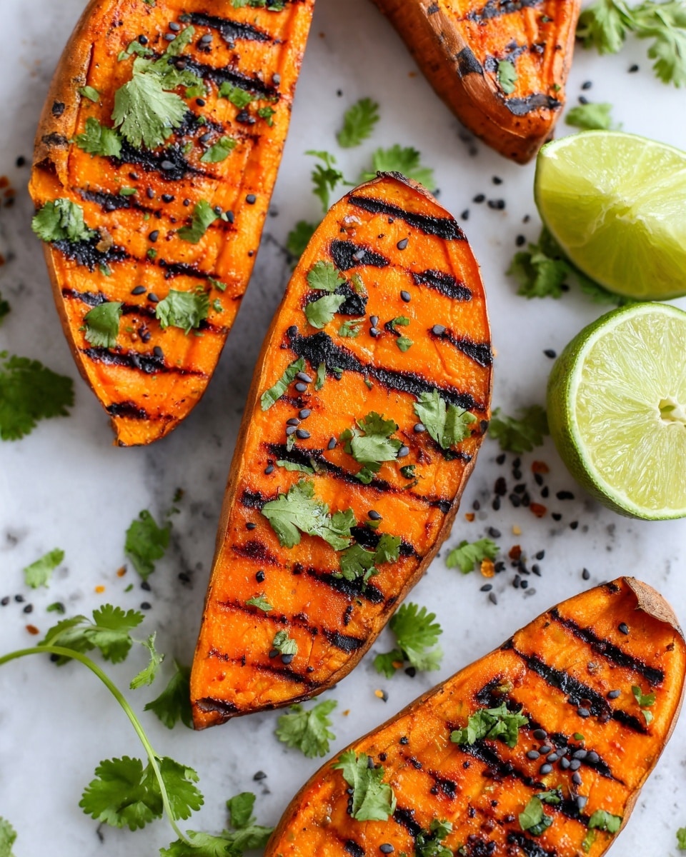 The image shows several grilled sweet potato slices arranged on a white marbled surface, each slice with clear dark grill marks creating a striped pattern across the orange flesh. The sweet potatoes are topped with small green cilantro leaves and sprinkled with coarse salt and black pepper. A lime wedge with a fresh green color is placed near the top right of the composition, adding a citrus element. Fresh cilantro sprigs are scattered around the sweet potatoes, providing a vibrant green contrast to the orange and brown tones. photo taken with an iphone --ar 4:5 --v 7