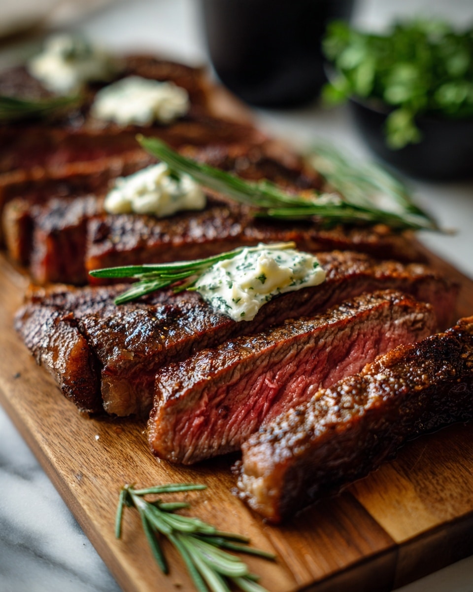 A close-up view of a medium-rare steak sliced into thick pieces lays on a wooden board. The steak shows multiple layers, with a browned, crispy outer crust surrounding a juicy, pink, and tender center. On top of the steak, a small dollop of herb butter slowly melts, adding a creamy texture, while fresh rosemary sprigs garnish the top with vibrant green needles. In the blurred background, there is a black cup and fresh green herbs, all set on a white marbled surface. Photo taken with an iphone --ar 4:5 --v 7