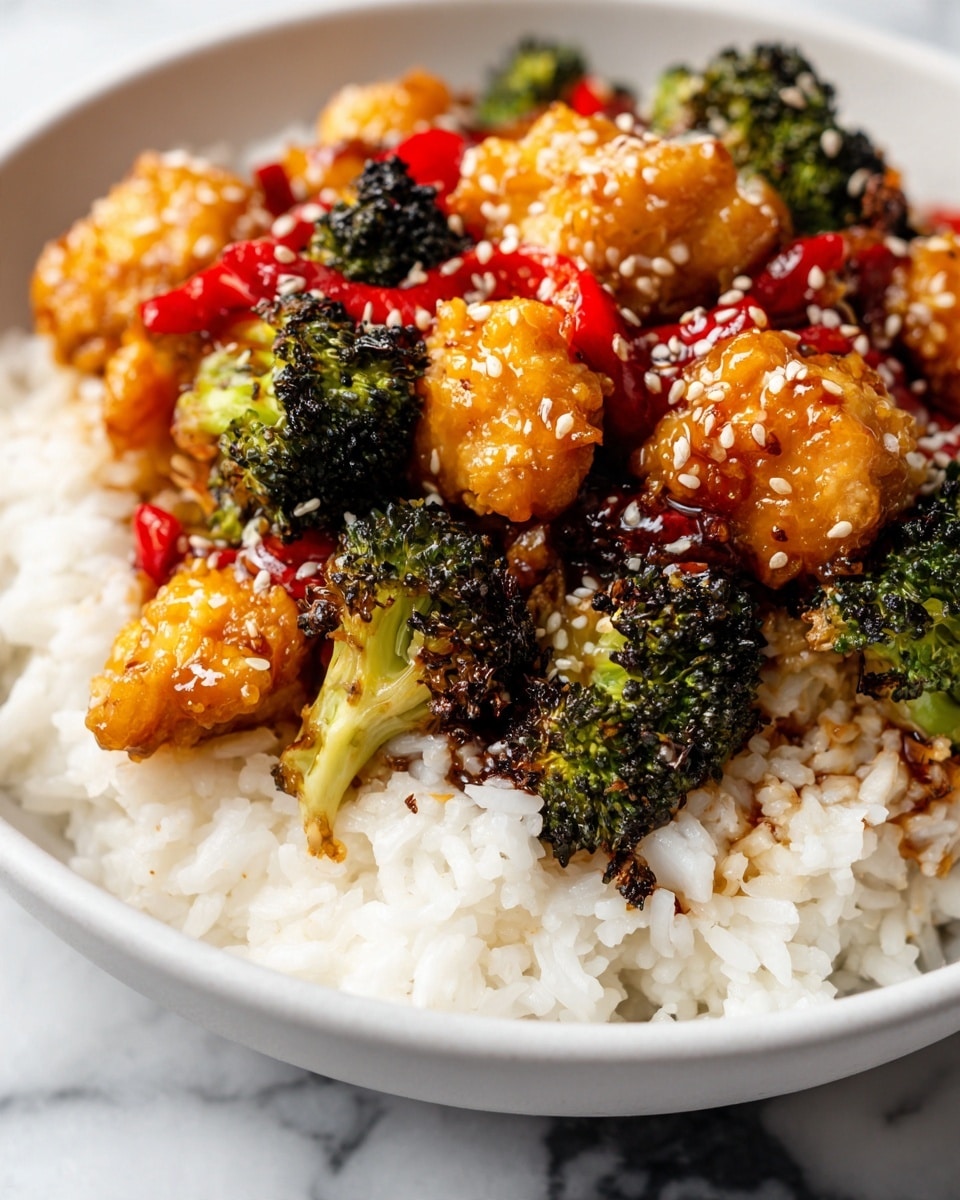 A close-up view of a dish in a shallow white bowl showing three main layers: the bottom layer is white cooked rice with visible grains, the middle layer contains bright green broccoli florets with some dark charred spots and white sautéed onion pieces, and the top layer features golden brown glazed chicken pieces coated with a shiny sauce, red bell pepper strips, and sprinkled white sesame seeds scattered across all layers, all set on a white marbled surface. photo taken with an iphone --ar 4:5 --v 7