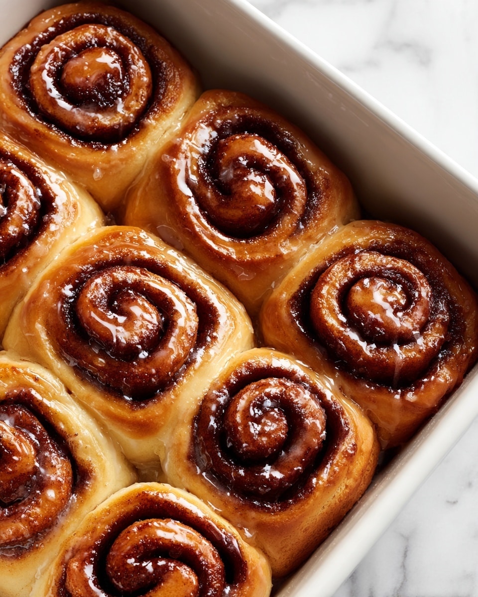 The image shows a close-up view of nine cinnamon rolls arranged neatly in a white baking dish. Each roll has a soft, golden-brown dough twisted with a dark brown cinnamon filling spiraled tightly inside visible layers. The top of each roll glistens with a shiny glaze, adding a glossy texture that catches the light. The rolls fit closely together, creating a uniform grid of swirls, and the background is a white marbled surface. photo taken with an iphone --ar 4:5 --v 7