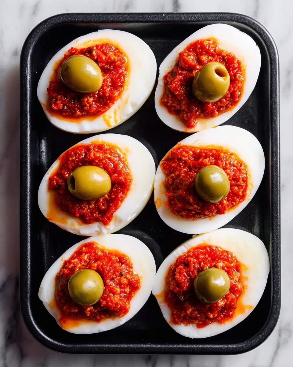 The image shows six halved boiled eggs arranged neatly on a black tray. Each egg half has three layers: the bottom layer is smooth white egg white, the middle layer is a bright red sauce that looks like ketchup or salsa, and the top layer is a green olive slice with a small dark hole in the center. The eggs are evenly spaced and the colors create a simple but eye-catching contrast. The background surface is a white marbled texture. photo taken with an iphone --ar 4:5 --v 7