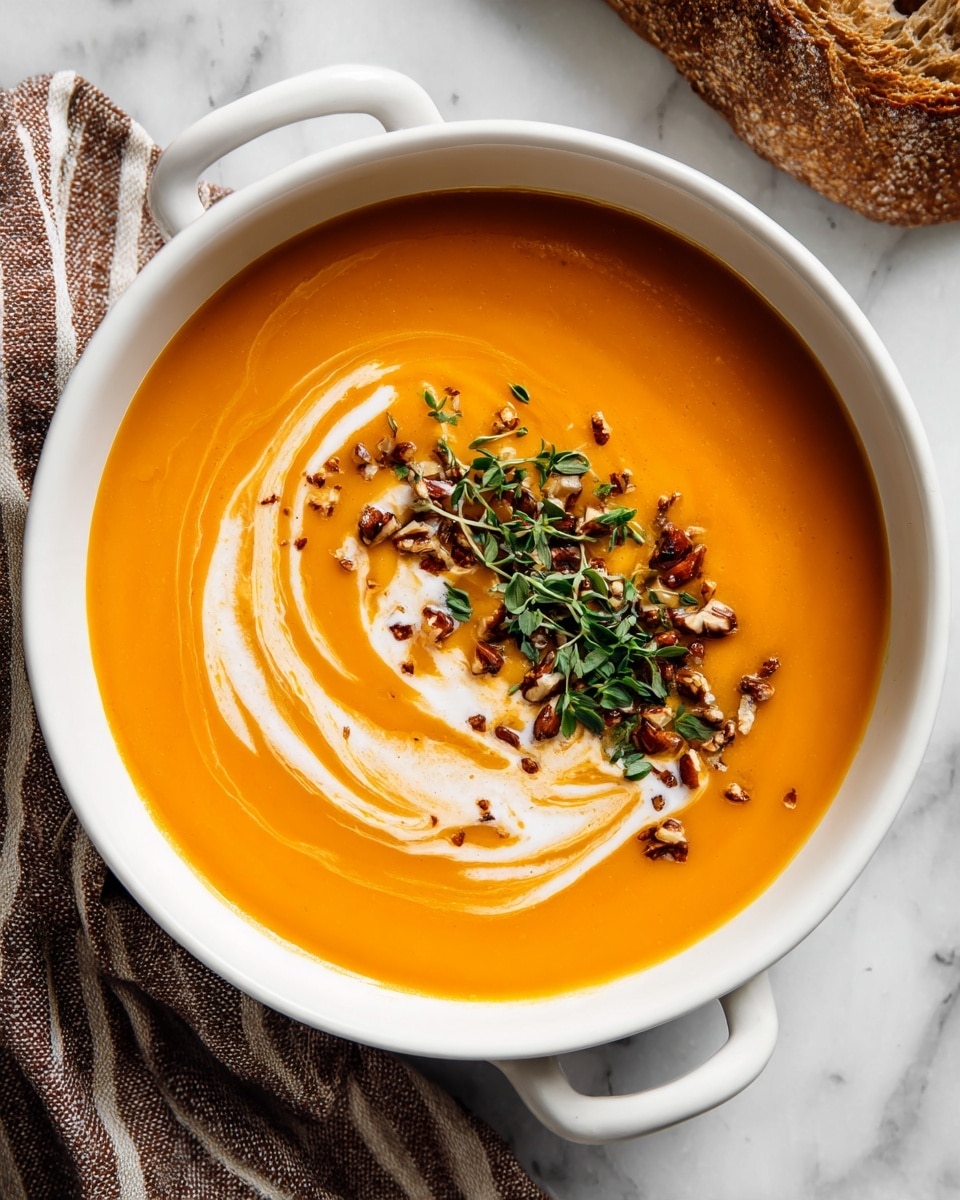 A white bowl with two handles holds a smooth, orange soup that fills most of the bowl. On one side, there is a creamy white swirl pattern gently spread on the surface, while the opposite side has a layer of chopped nuts and green herbs scattered as a garnish, adding texture and color contrast. The bowl sits on a white marbled surface next to a beige and brown striped cloth. photo taken with an iphone --ar 4:5 --v 7