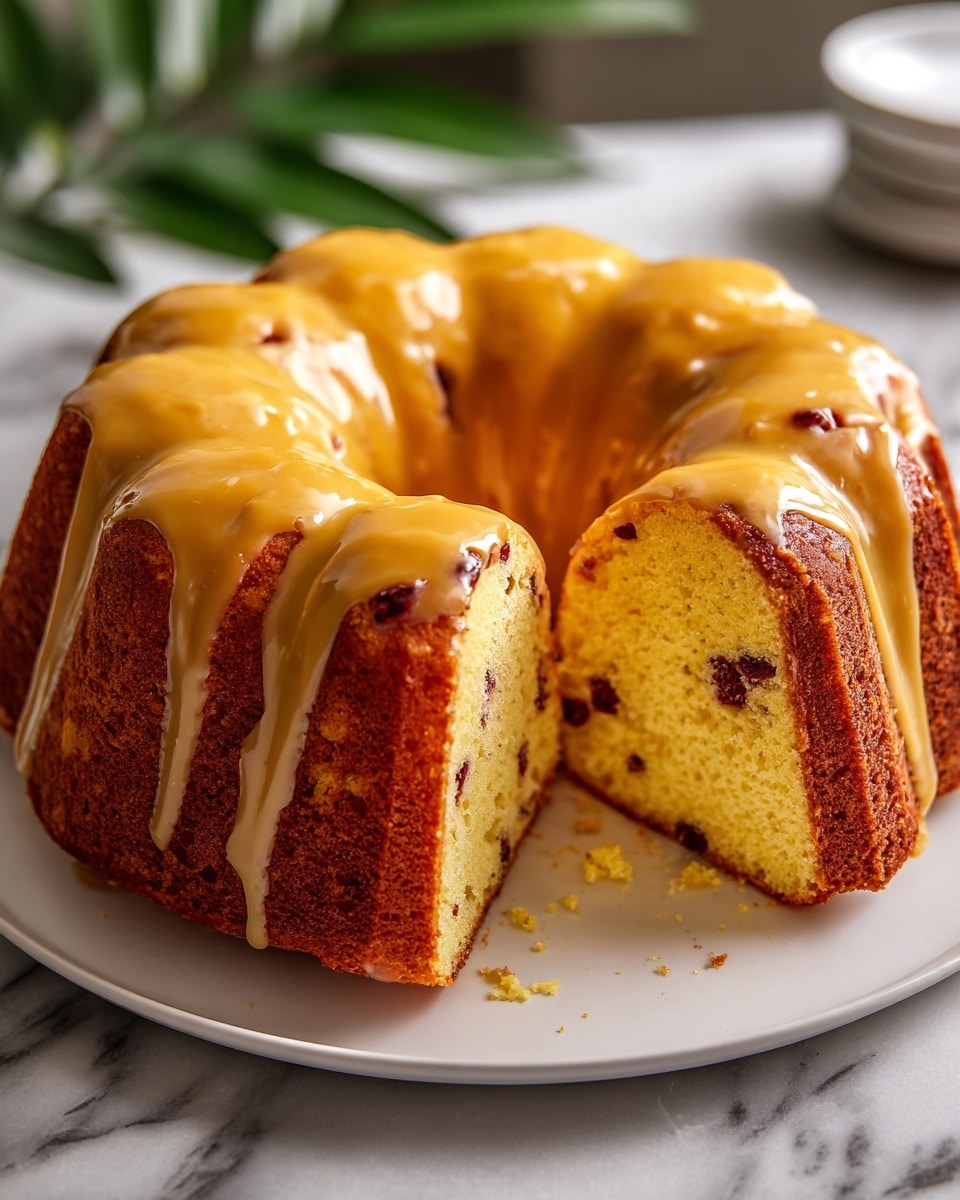 A round bundt cake with a golden brown glaze covers the whole top and sides, giving it a shiny look. The cake is cut into two thick slices revealing a soft, light beige inside with visible dark raisins and small orange bits evenly spread throughout. The smooth glaze contrasts with the textured inside. The cake sits on a white plate placed on a white marbled surface, and the background is softly blurred with a hint of green from a plant. photo taken with an iphone --ar 4:5 --v 7
