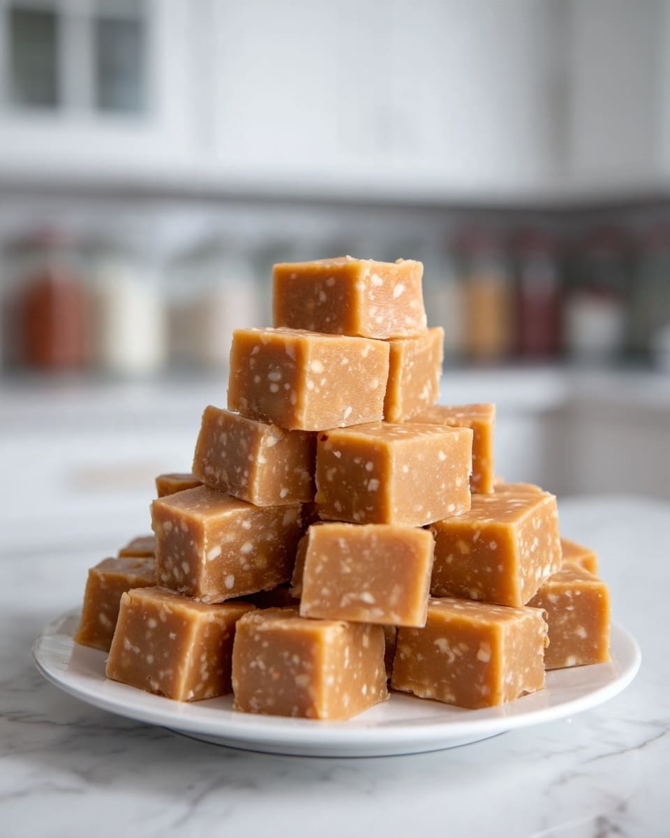 A white plate is filled with many small square fudge pieces stacked in a pyramid shape. Each fudge piece is a light brown color with visible bits of nuts embedded throughout, giving a slightly rough texture on top. The fudge pieces look dense and smooth on the sides with mixed nut colors in creamy light and darker tones. The plate sits on a surface with a white marbled texture, and the background shows a blurred kitchen setting in soft light. photo taken with an iphone --ar 4:5 --v 7